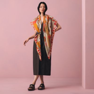 199超美品　エルメス　リネンストール　大判　特殊デザイン　グリーン　オレンジ オレンジ - レディス, スカーフ、ショール＆マフラー, カシミア